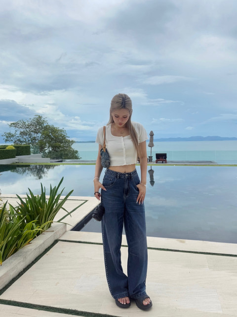 Mungsera'Rivet Vibe' Private Label Heavy Beaded Denim Low-Waist Wide-Leg Straight Pants