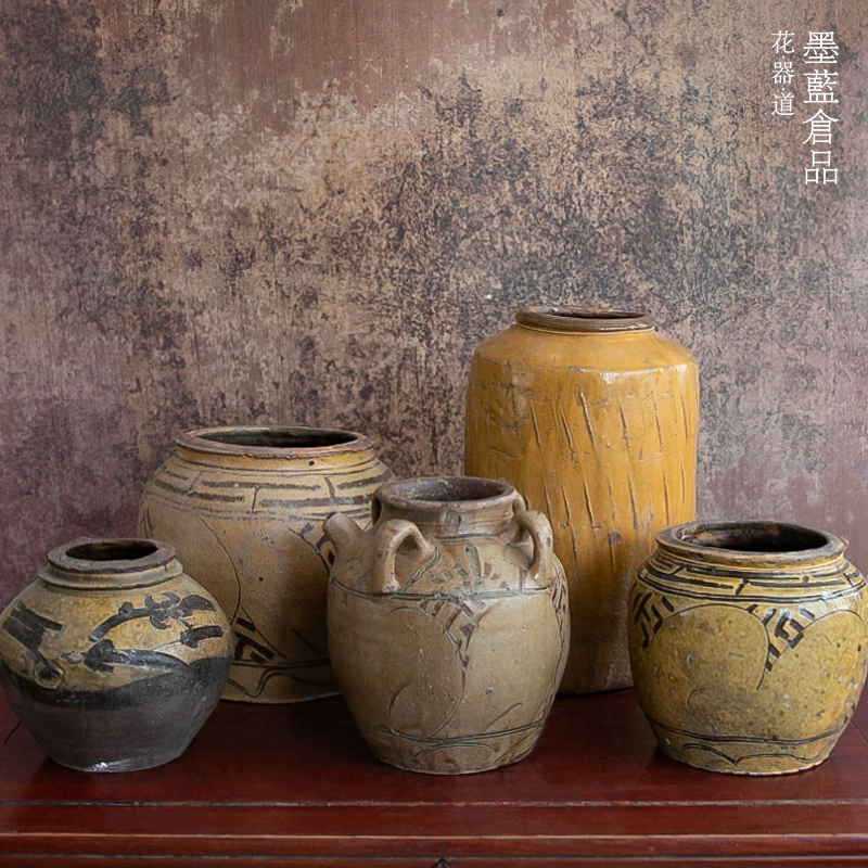 Old Pottery Pots, Vintage Ceramic Jars, Gold-Inlaid Repair of Old Objects, Flower Pots, Tabletop Zen-Style Chinese Flower Arrangement Vessels, Decorative Items