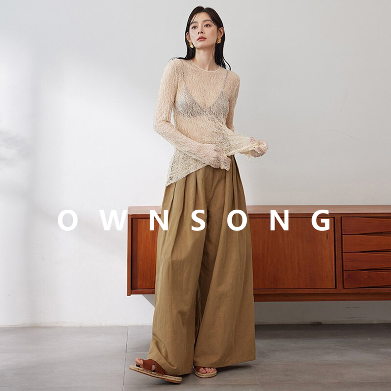 [Da Lai Recommendation] Ownsong Ultra-Thin Hollow Lace Top Slimming Sexy Long-Sleeve Slim-Fit Stretch Blouse