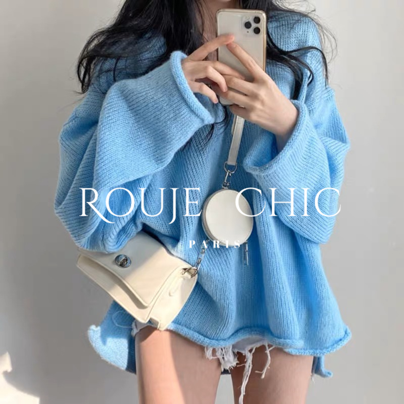 French Rouje Chic Autumn and Winter Retro V Neck Rolled Edge Design Slit Knit Knitwear for Women Loose and Casual