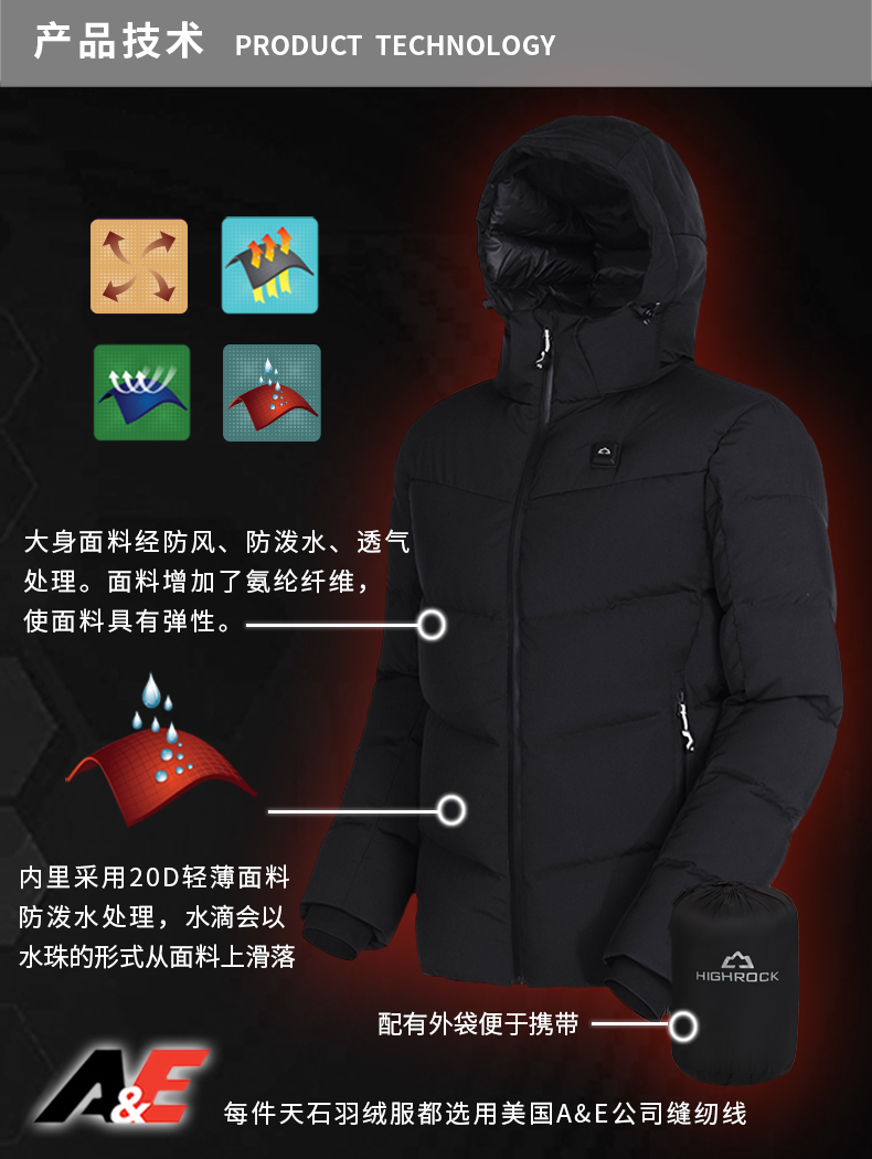 天石 碳纳米管加热 手机APP调节温度 90%鹅绒700蓬 男防风防水羽绒服 图4
