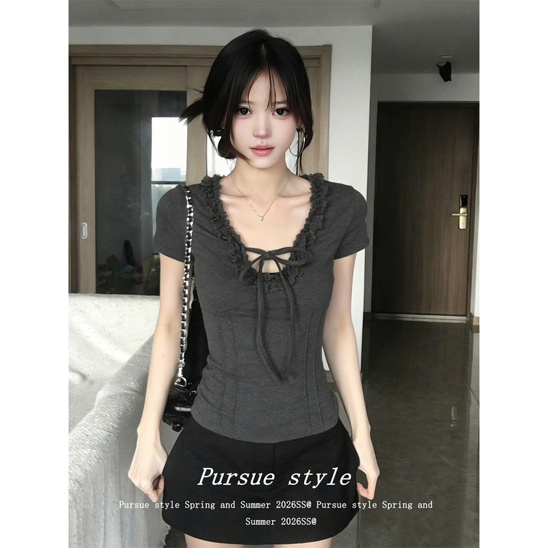 【Pure Gray Desire】American Style Spicy Girl Short Sleeve Women's Summer Lace V-Neck Regular Shoulder T-Shirt Slim Fit Short Top