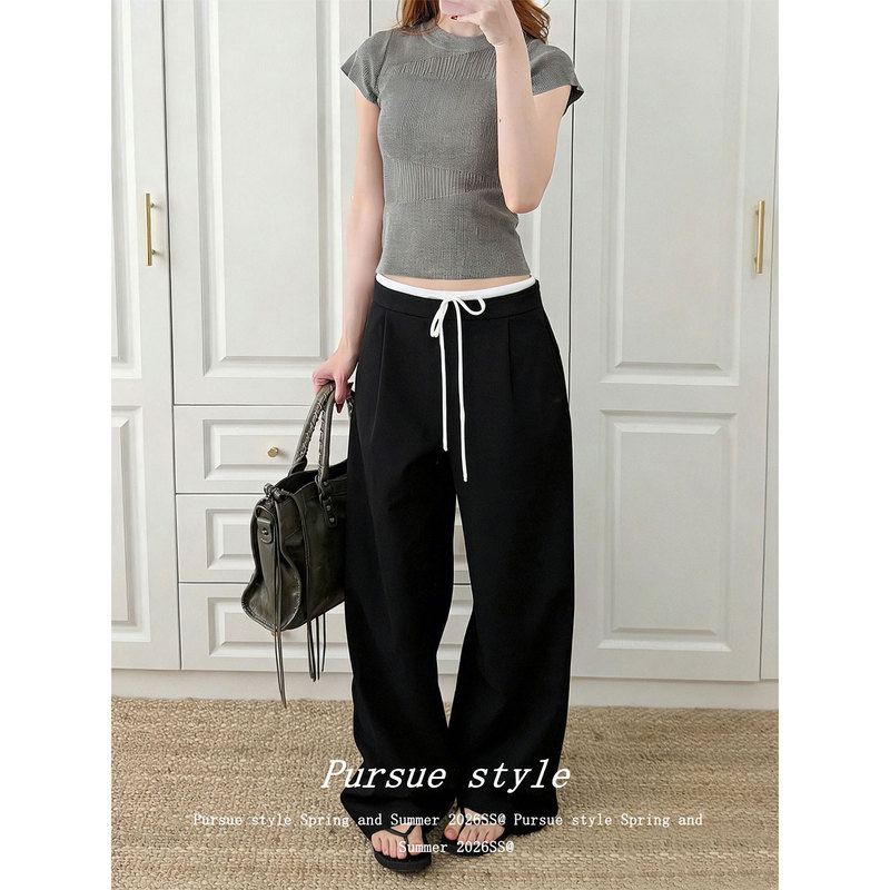 【Elegant and Flowing】American-Style Black Straight-Leg Suit Pants for Women, Spring Season, with Patchwork Waistband, Loose Casual Pants, Floor-Length Pants