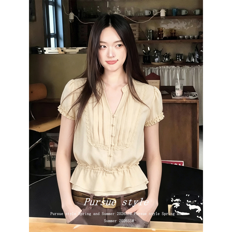 【Warm Apricot Skin-Enhancing】Apricot-Colored Short-Sleeve Shirt for Women, Summer Lace-Trimmed Chiffon Blouse, V-Neck Top, Trendy