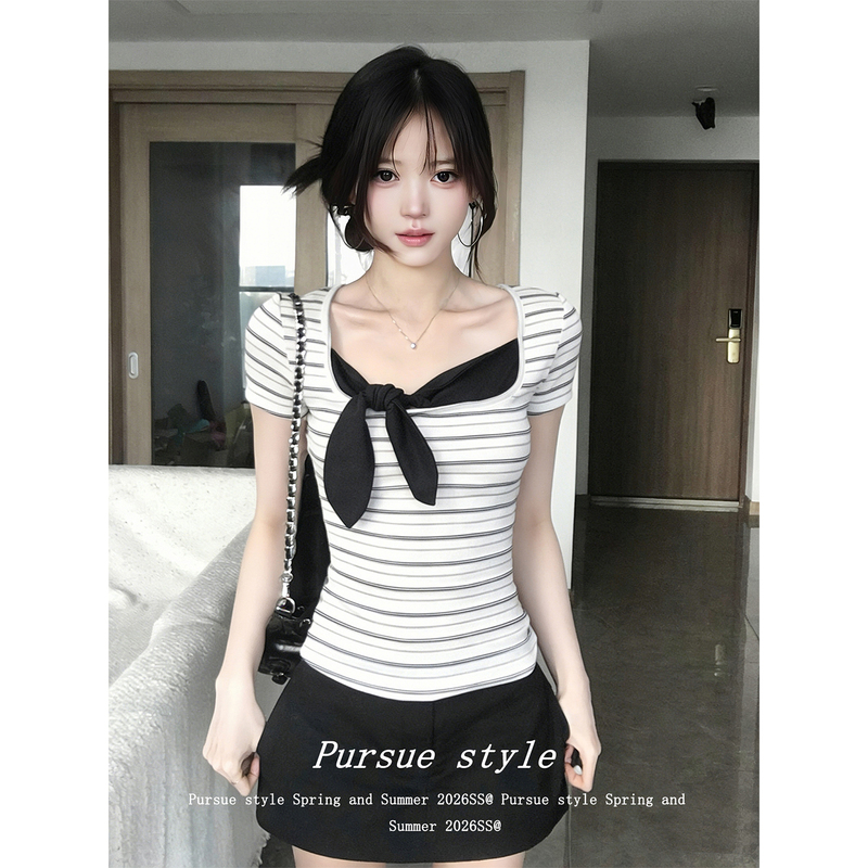 【Black and White Stripes】Black and White Striped T-Shirt for Women, Summer Style with Bow Tie, Regular Shoulder Short Sleeves, Playful and Slimming Top, Trendy
