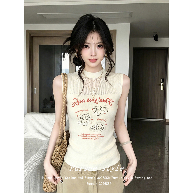 【Almond Cream】Korean-Style Half-High Collar Knitted Camisole for Women, Summer Cartoon Jacquard Sleeveless Vest in Apricot Color 【Almond Cream】Korean-Style Half-High Collar Knitted Camisole for Women, Summer Cartoon Jacquard Sleeveless Vest in Apricot Color