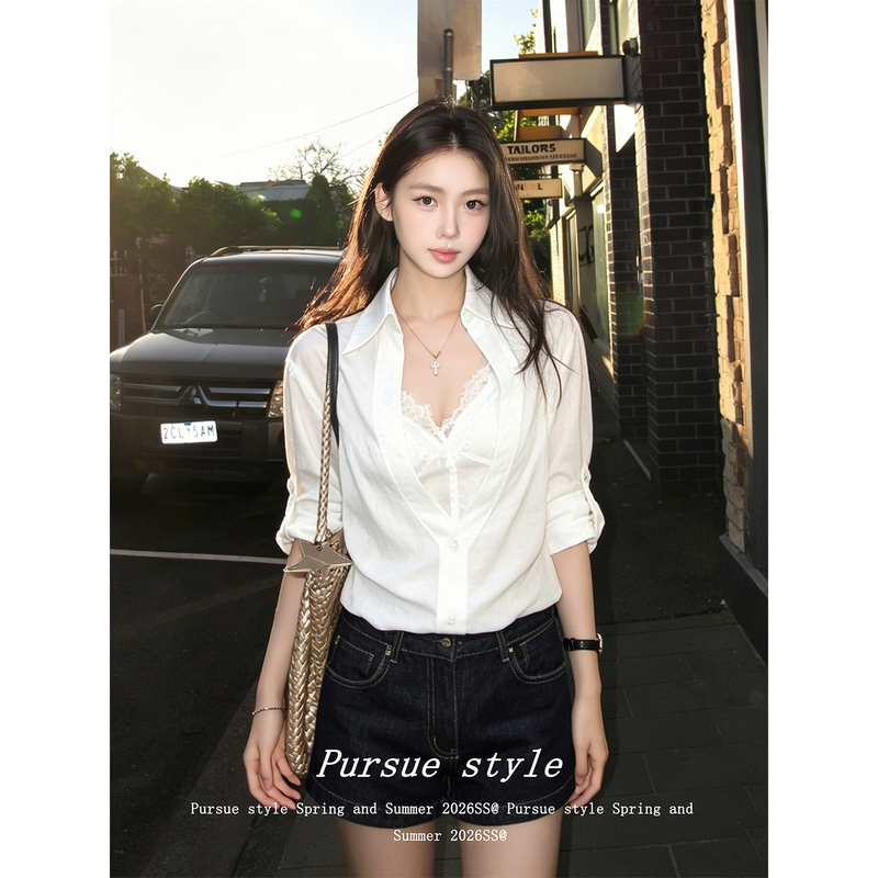【Relaxation Code】Fake Two-Piece Lace Shirt for Women, Summer Sun-Protective Blouse, White Mid-Sleeve Stylish Top 【Relaxation Code】Fake Two-Piece Lace Shirt for Women, Summer Sun-Protective Blouse, White Mid-Sleeve Stylish Top