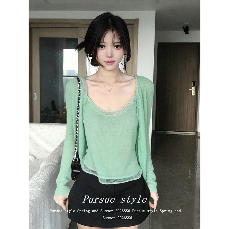 【Green Hollow Out】Grass Green Knitted Cardigan for Women Spring/Summer Hollow Out Camisole Korean Style Two-Piece Top Set