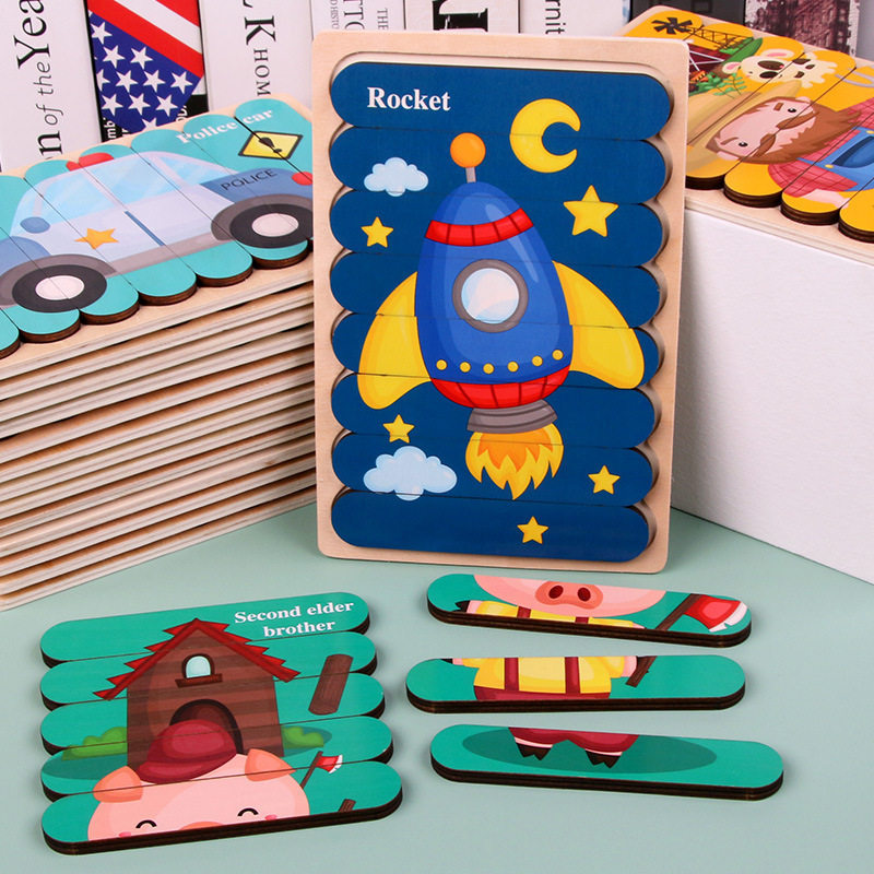 Children Wooden Creative Bars Jigsaw Puzzle Bifacial 123 Years Traffic Animal Stories Observation Power Puzzle Jigsaw Puzzle