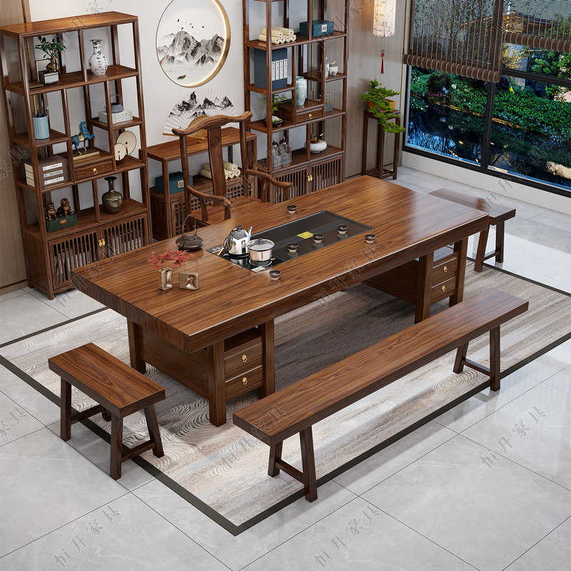 Large Tea Table and Chair Set, New Chinese Style Office Kung Fu Tea Table, Living Room Home Tea Making Table, Tea Set All-In-One