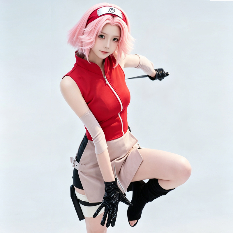 In-Stock Fast Delivery Naruto Haruno Sakura Cosplay Costume Full Set Shippuden Outfit Wig Forehead Band