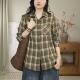 2025 Autumn New Polo Collar Loose Casual Long Sleeve Pure Cotton Vintage Commuting Plaid Shirt for Women 25112
