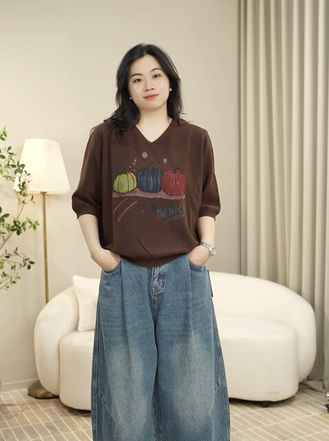 Retro Thin Style Printed V-Neck Pullover Cotton Knitted Knitwear Mid-Sleeve T-Shirt Top 2869