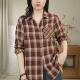 2025 Autumn New Polo Collar Loose Casual Long Sleeve Pure Cotton Vintage Commuting Plaid Shirt for Women 25112