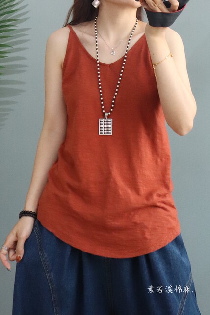 Literary and versatile V-neck camisole 2022 new bamboo cotton solid color inner wear loose bottoming shirt for women
