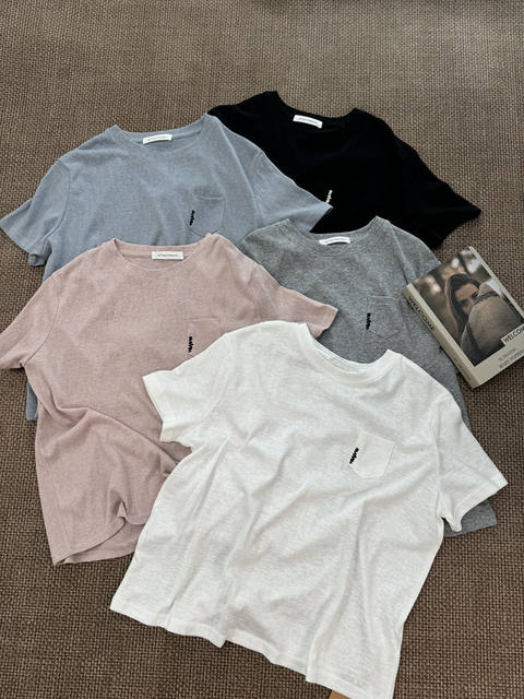 Summer Round Neck Short-Sleeved Women's Simple Pocket Embroidered Casual Versatile Top 3623