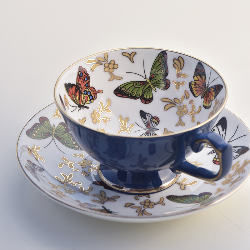 Miao Home European-Style Light Luxury Coffee Cup, English Afternoon Tea Cup, Bone China Butterfly Gold-Painted Tea Set, Ceramic Black Tea Cup and Saucer