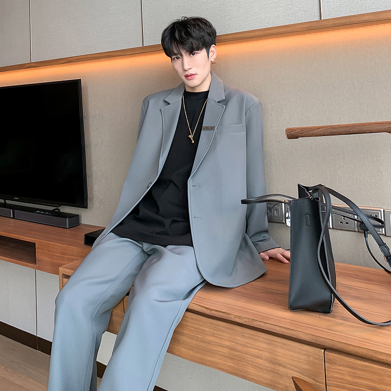 Guan Shao's homemade autumn and winter black and gray suits men's trend casual Korean version loose solid color suit two-piece suit