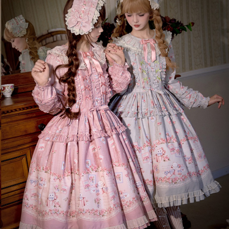 Cute Chubby Girl Lolita Long-Sleeved Floral Elegant Op Dress Lolita Dress Slimming Long Skirt
