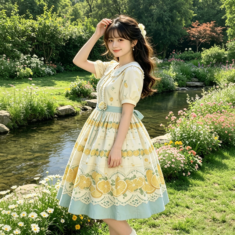 Hot Sale Plus Size 100kg Lolita Girl Dress Summer Loose Slimming Dress Lemon Print Op Skirt