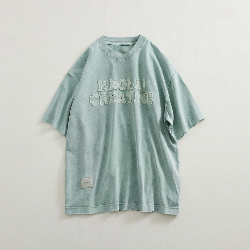 【Haolai Creating 5Th Anniversary Limited Edition】Batik Stone Washed Patchwork Embroidery Short Sleeve T-Shirt-T868