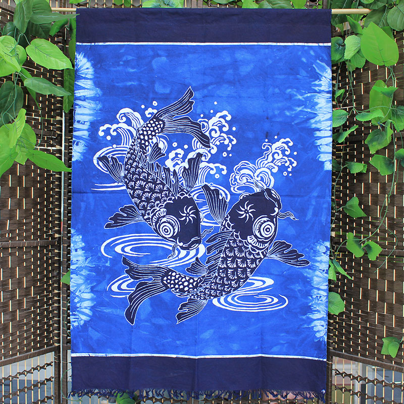Wax-dyed painting double fish Yunnan specialities National handmade cotton cloth hanging painting cloth art door curtain Xuanguan toilet partition decoration-Taobao