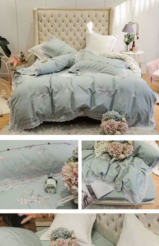 mới nhỏ bông ren tươi bông denim chăn giường Gắn bông 60 mùa xuân - Bộ đồ giường bốn mảnh
