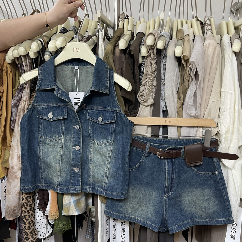 2026 Summer New Arrivals Korean and Hong Kong Style Classic Denim Blue Vest + Shorts Two-Piece Set for Women (with Waist Bag) 2026 Summer New Arrivals Korean and Hong Kong Style Classic Denim Blue Vest + Shorts Two-Piece Set for Women (with Waist Bag)