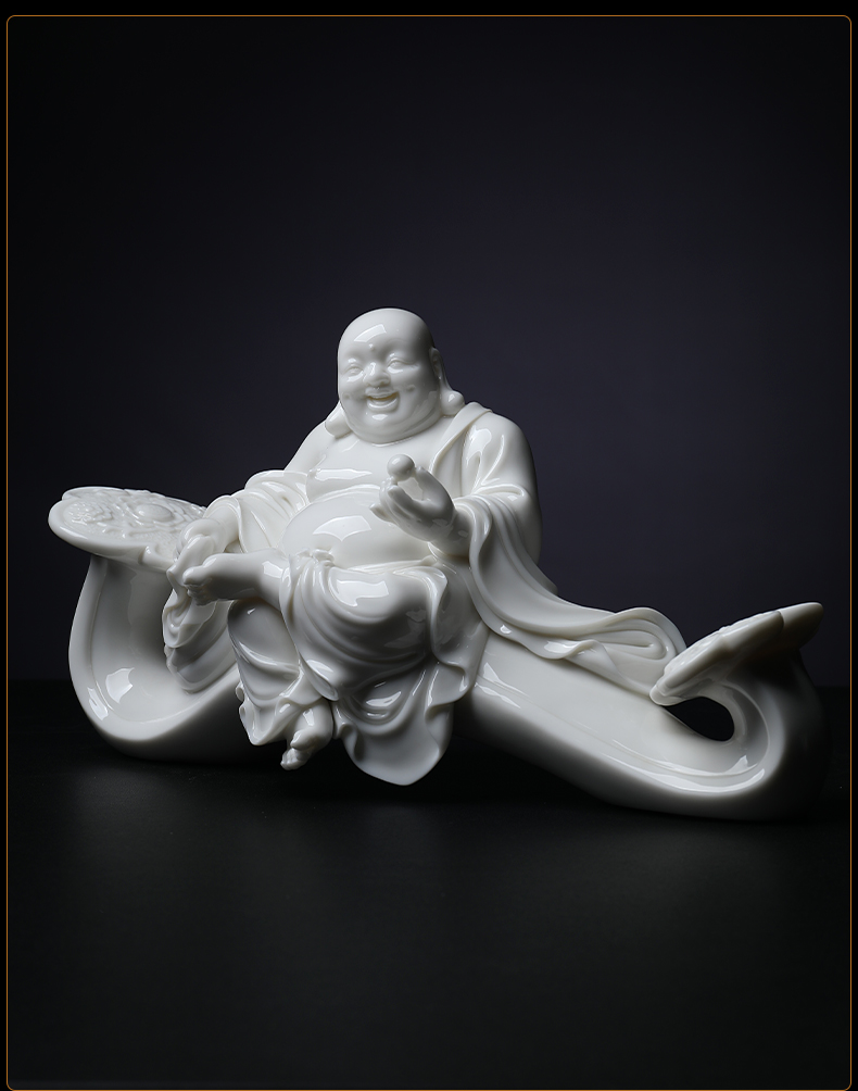 Yutang dai dehua white porcelain satisfied smiling Buddha maitreya a bigger Lin Jiansheng master collection work place