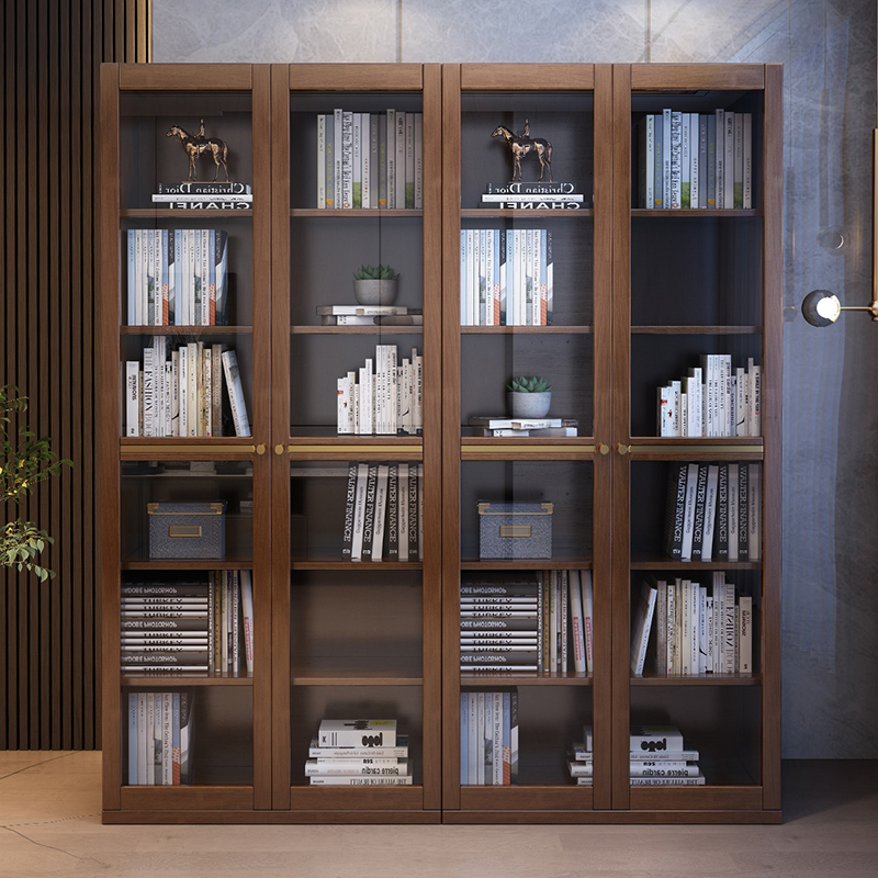 New Chinese all-solid wood bookcase combination integrated wall light luxury glass door modern study cabinet to accommodate storage landing