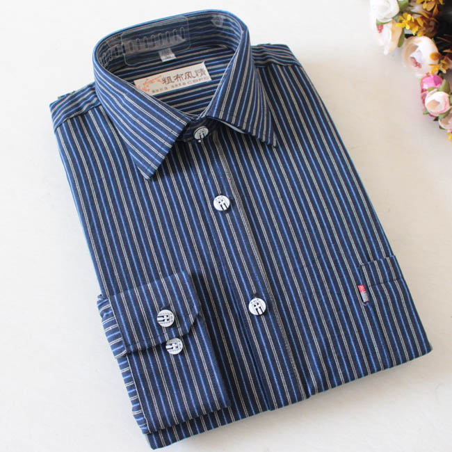 Mùa xuân và mùa thu mẫu cotton dày cũ thô áo sơ mi nam tay dài Trung niên sọc dọc áo cotton sơ mi đũi nam