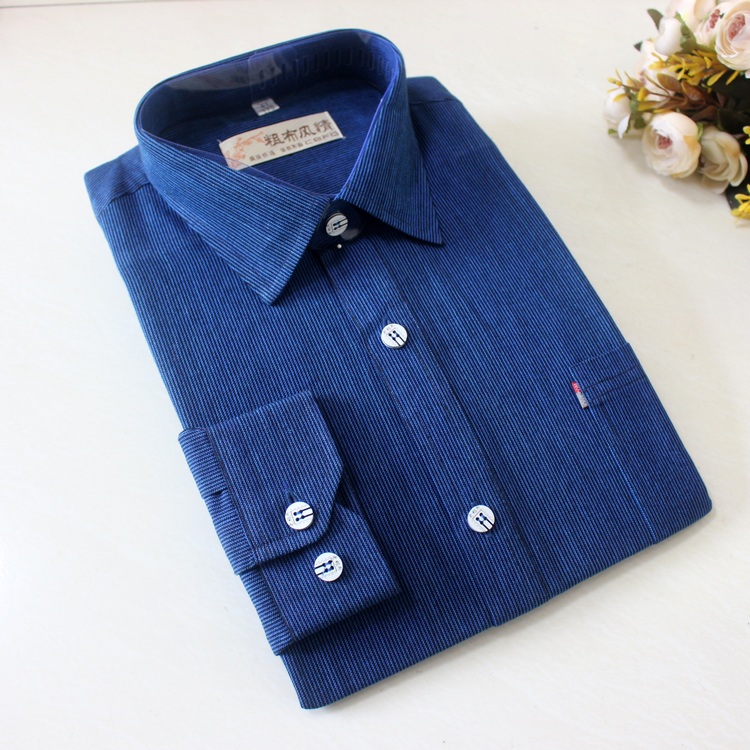 Mùa xuân và mùa thu mẫu cotton dày cũ thô áo sơ mi nam tay dài Trung niên sọc dọc áo cotton sơ mi đũi nam