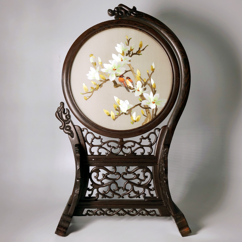 Suzhou double-sided embroidery finished ornaments high-grade new Chinese magnolia flowers and birds Su embroidery two-sided screen men and women souvenir