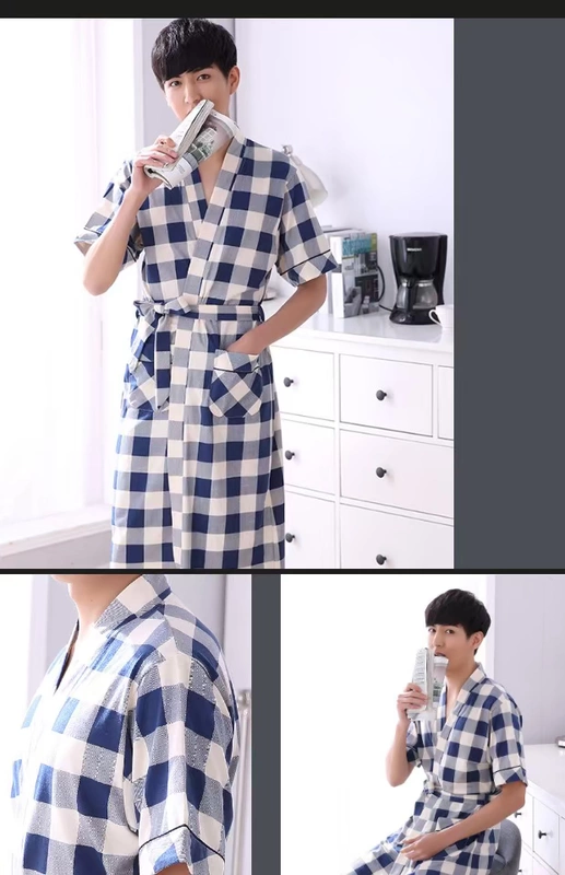 Áo choàng ngủ cho nam giới trẻ và trung niên cotton mùa hè ngắn tay áo choàng tắm cộng với kích thước Yukata Nhật Bản phần cotton dài giữa mỏng - Night Robe