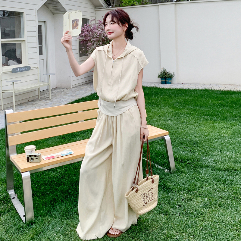 Korean Style Lazy Style Hooded Sleeveless Top and Wide-Leg Pants Set for Women 2026 Summer New Slimming Commuter Two-Piece Set