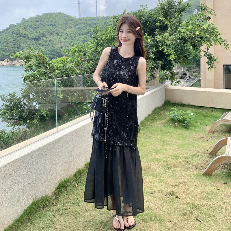Korean Style Heavy Sequined Mesh Patchwork Dress for Women, 2026 Summer New Model, Slimming and Age-Reducing Mid-Length Dress