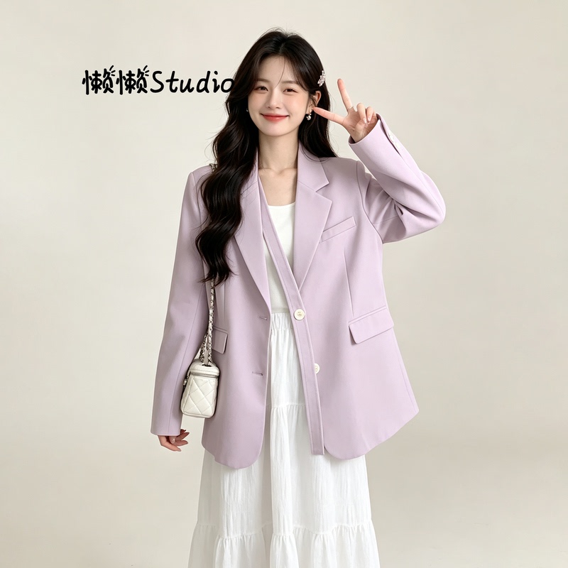 2026 Spring and Autumn New Korean Style High-End Street Style Purple Blazer for Women, Loose Fit, Slimming, Casual Suit Jacket