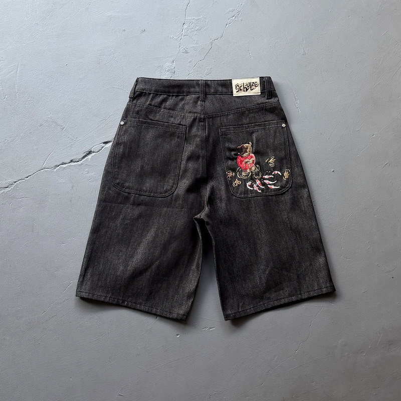 Derschutz Chrome Cool Style American Heavy Embroidery Denim Shorts Men's Trendy Brand Mid-Length Shorts