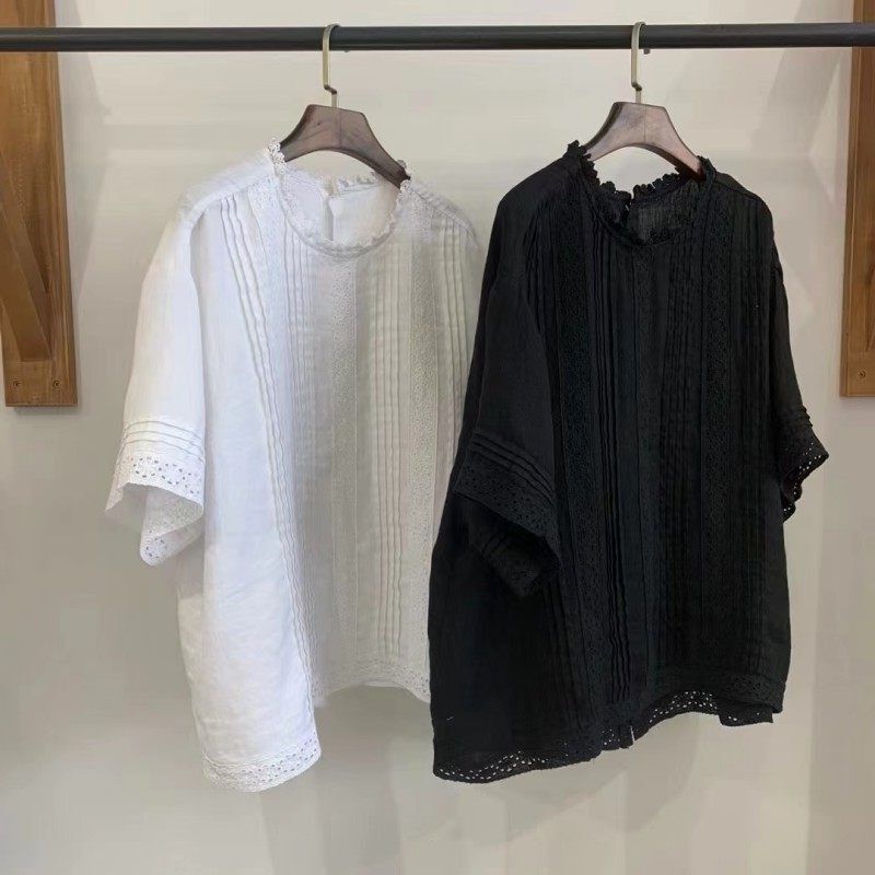 Forest Style Fungus Round Neck Linen Top for Women Summer New Lace Patch Accordion Pleat Back Single Breasted Shirt for Women Forest Style Fungus Round Neck Linen Top for Women Summer New Lace Patch Accordion Pleat Back Single Breasted Shirt for Women