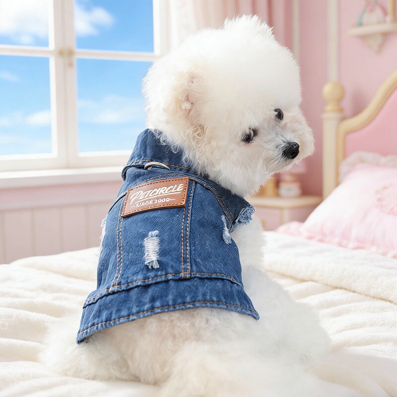 Trendy Denim Pet Clothing for Dogs, Sleeveless Stylish Jacket for Spring and Autumn, Suitable for Teddy and Bichon Frise, with Leash Attachment