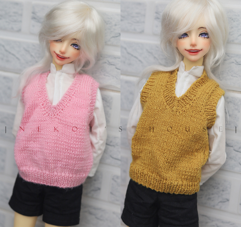 [Nekoji Family] 1/4 Scale Bjd Pink/Ginger Pure Hand-Knitted V-Neck Sweater Vest Doll Clothes