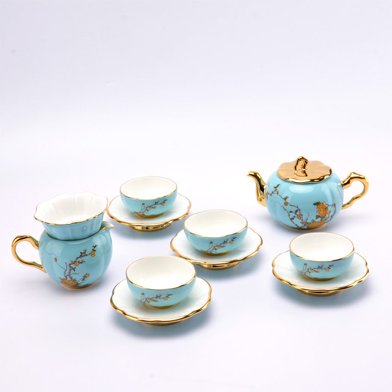 Yongfengyuan Tea Set Lady Porcelain West Lake Blue 12 Heads Tea Set Tea Leaker Teapot Tea Cup 4 Persons Set Gift Box