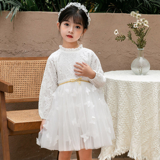 Girls Spring Princess Dress 2023 Spring New Children's Butterfly Lace Girls White Dress Spring