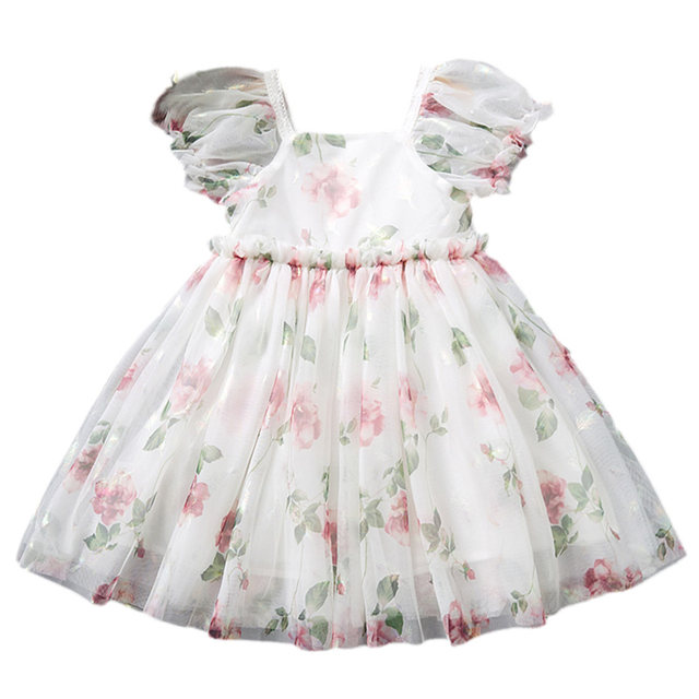 Girls summer fluffy gauze skirt 2023 summer new children's western style little girl printed princess dress skirt