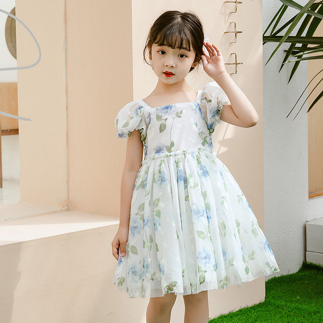 Girls summer fluffy gauze skirt 2023 summer new children's western style little girl printed princess dress skirt
