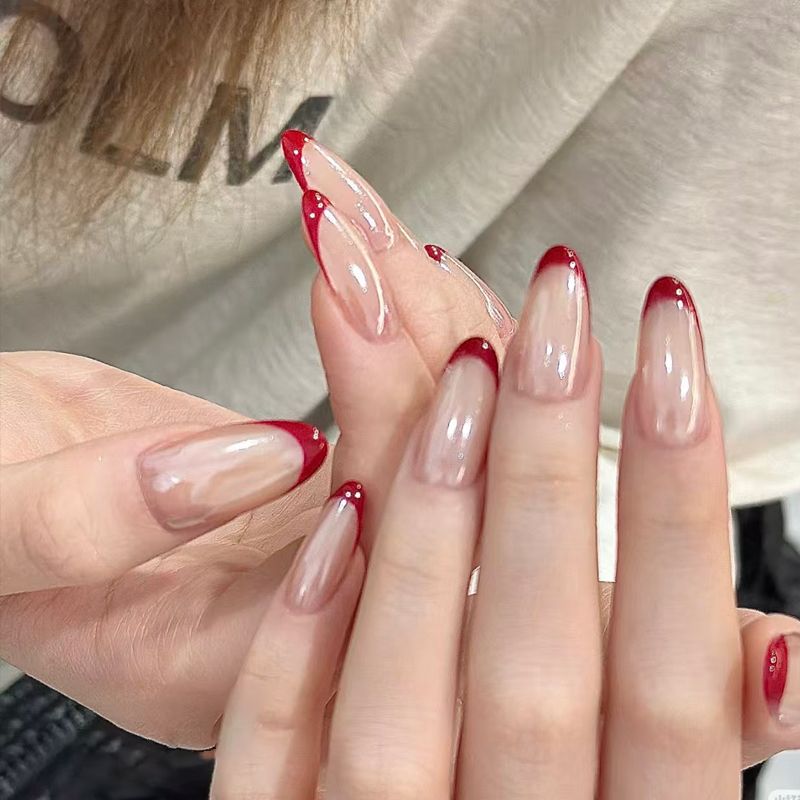 Handmade Nail Art, Haili Red French Style Press-On Nails, Medium-Long Length, 2026 New Model, Super Popular, Light Luxury, High-End Feel, New Year