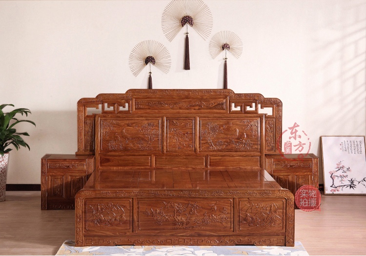 Red wood 1 8 m Double beds Modern New Chinese Hedgehog Purple Sandalwood 1 5 m Bed Imitation Ancient Solid Wood Bedroom Flower Pear Wood Bed