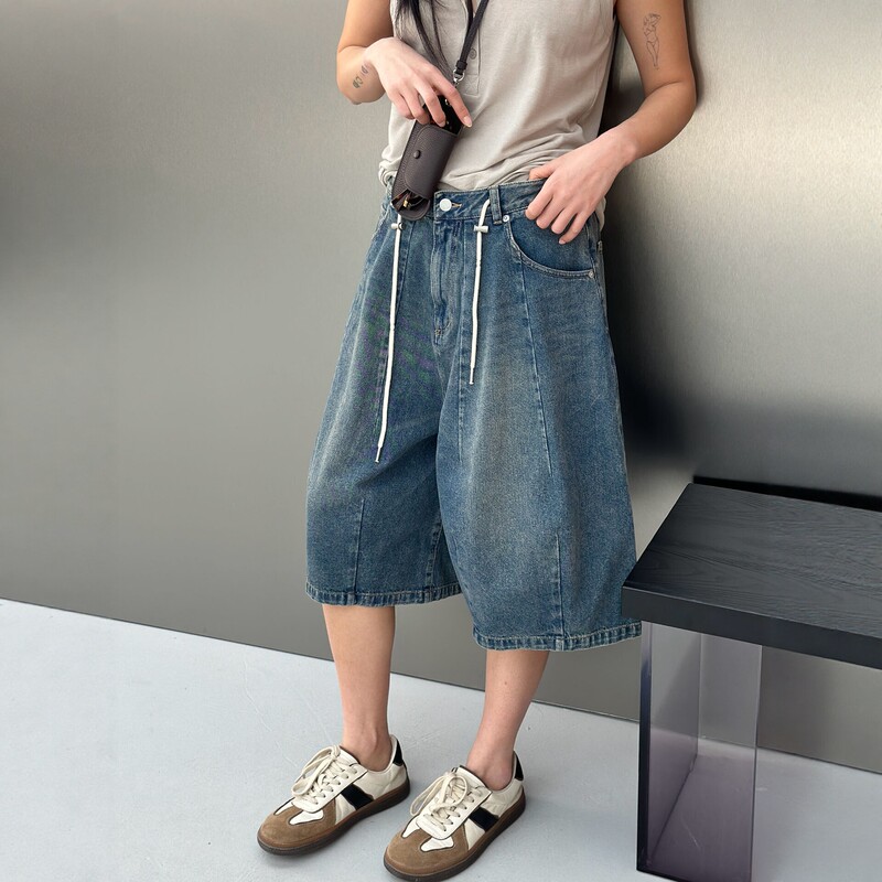 Bodhlcat 【Turkish Denim】Washed Vintage Distressed Drawstring Three-Dimensional Wide-Leg Five-Point Jeans for Women