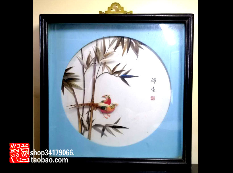 (Old Objects Decoration Craft Gift Hem) 80s Shenyang Traditional Crafts Feather Paintings (Bamboo Linjin Chicken)