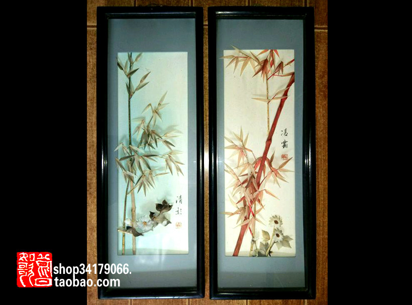 (Old Objects Decoration Craft Gift Hem) 80s Traditional craftsmanship feather painting bamboo hanging screen